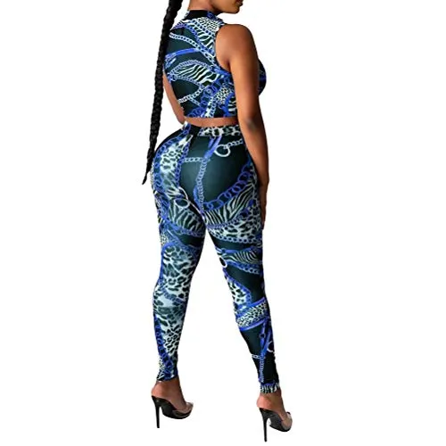 2 Piece Club Sets for Women Summer - Front Zipper Printed Sleevess Crop Tops High Waisted Skinny Bodycon Pants Suit Sports Tracksuit Clubwear A Blue XL