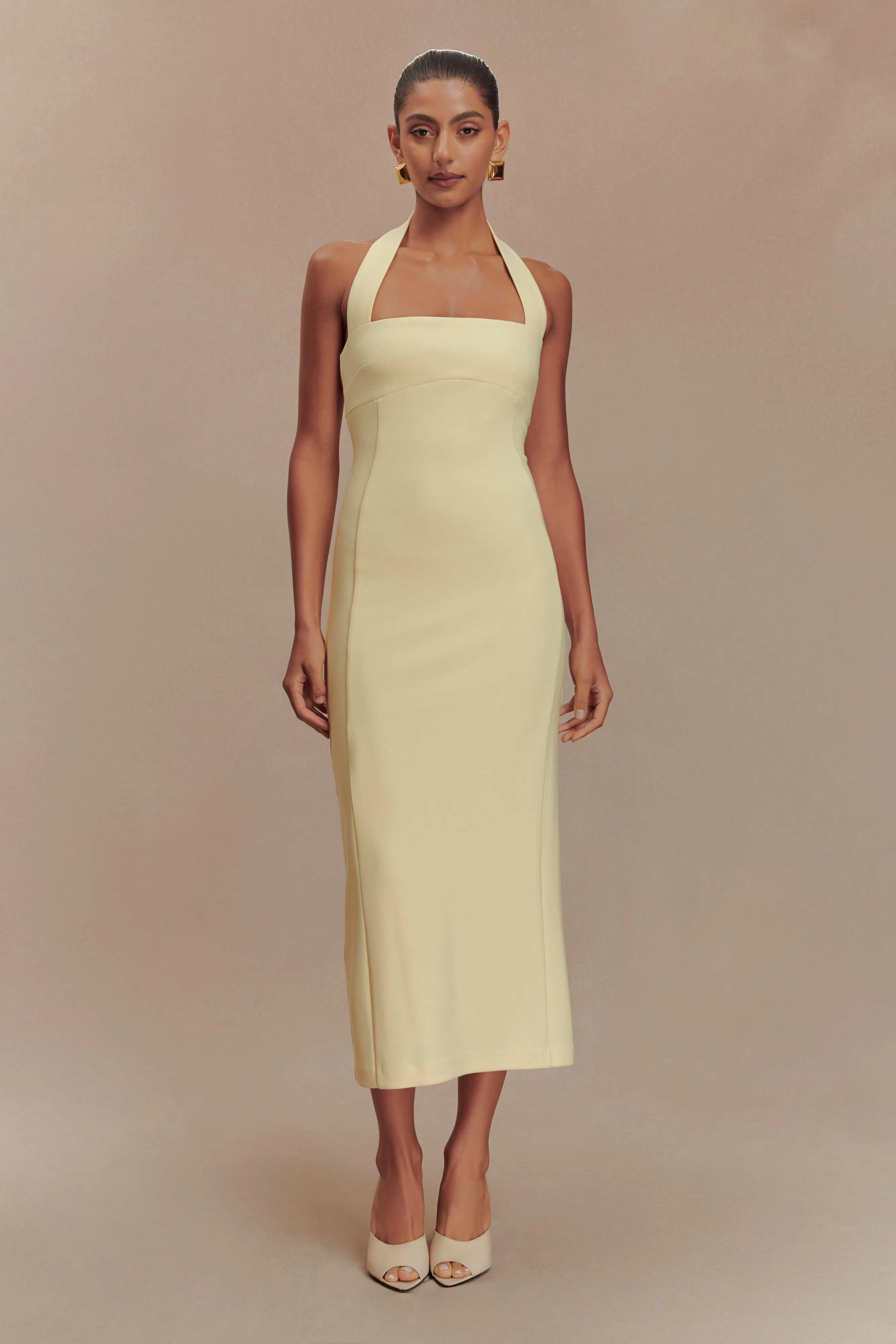 Amelita Suiting Halter Midi Dress - Pale Lemon