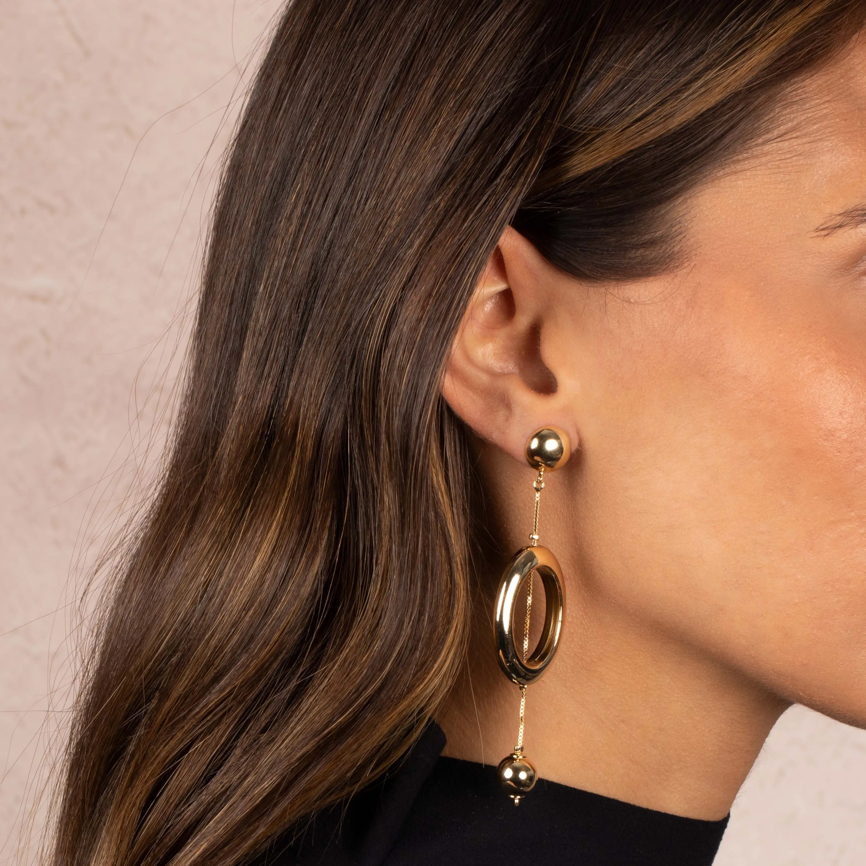 Ball Chain X Oval Pendant Drop Stud Earring