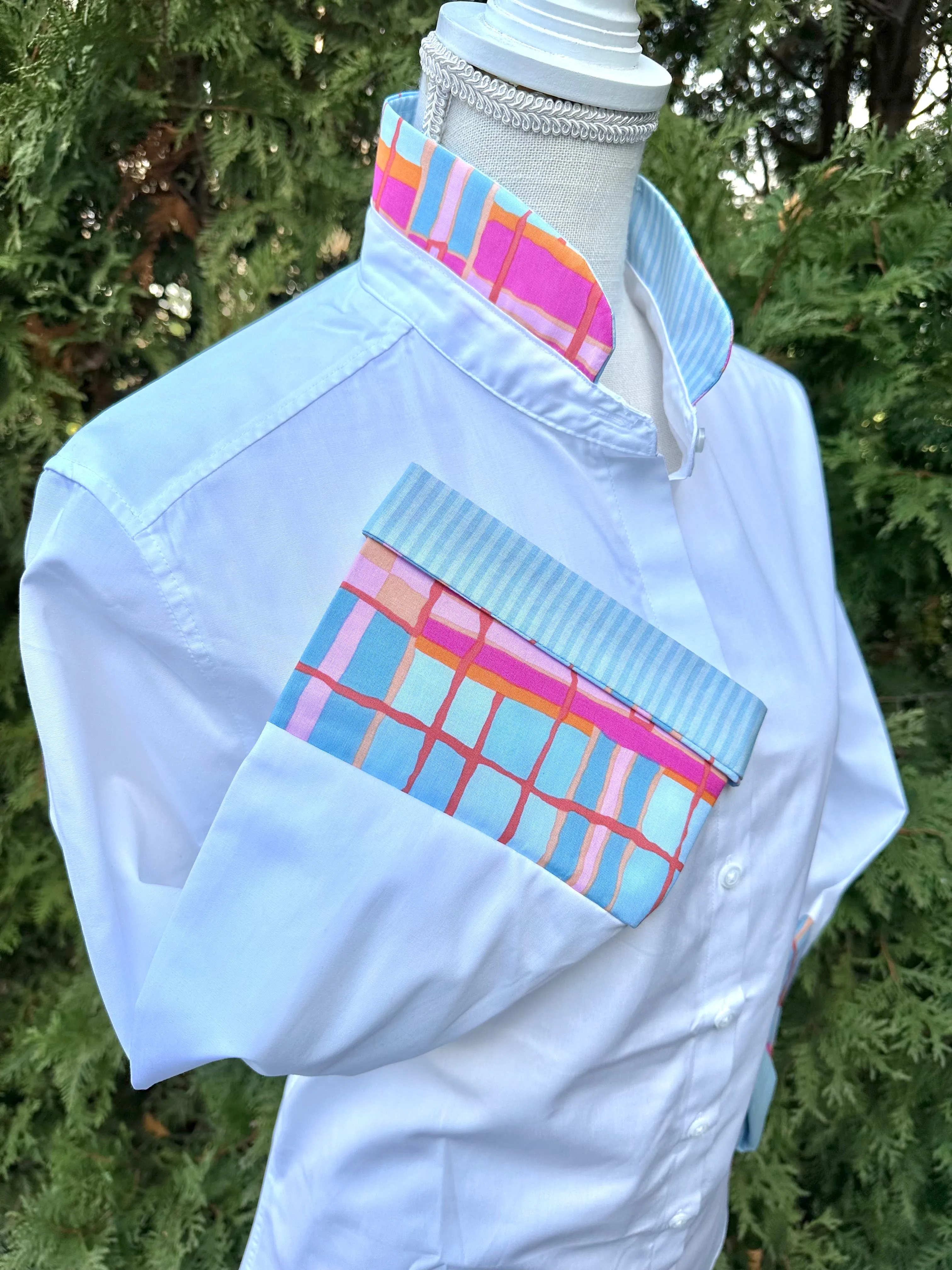 Beth Bell Sleeve - White w Pink, Orange & Blue Plaid & Blue Stripe (LB49)