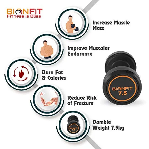 BIONFIT Rubber Coated Professional | 7.5 Kg Round Dumbbells | Highly Durable Long Lasting | Helps to Improve Fitness Goals (Set of 2 , Black )