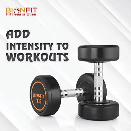 BIONFIT Rubber Coated Professional | 7.5 Kg Round Dumbbells | Highly Durable Long Lasting | Helps to Improve Fitness Goals (Set of 2 , Black )