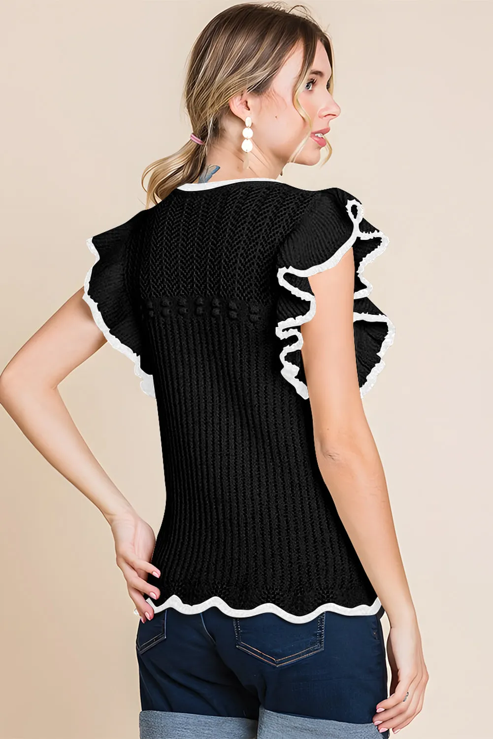 Black Crochet Eyelet Flounce Tank Top