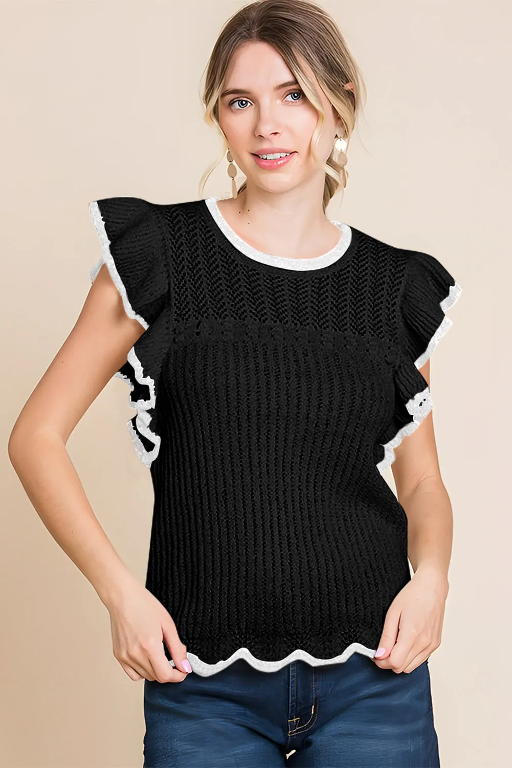 Black Crochet Eyelet Flounce Tank Top
