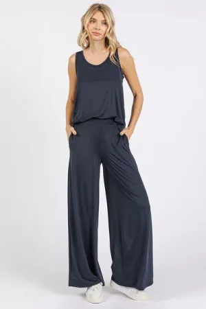 Blue Yoga Air Stretch Elastic Waist Wide Leg Pants