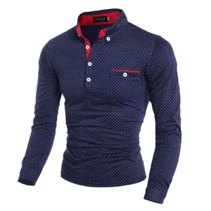 British Style Men Polo Shirt Homme Cotton Tops Polka Dot with Pocket Fashion Fitness Mens Long Sleeved Shirts Camisa Polo