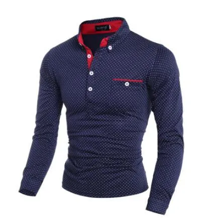 British Style Men Polo Shirt Homme Cotton Tops Polka Dot with Pocket Fashion Fitness Mens Long Sleeved Shirts Camisa Polo