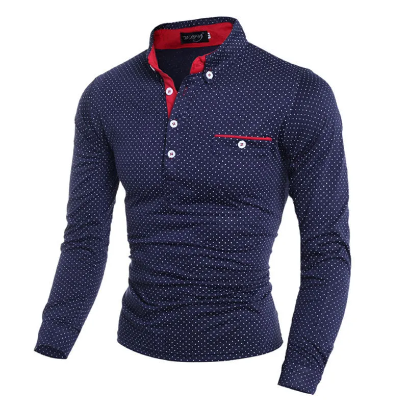 British Style Men Polo Shirt Homme Cotton Tops Polka Dot with Pocket Fashion Fitness Mens Long Sleeved Shirts Camisa Polo