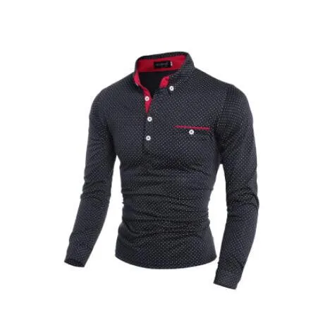 British Style Men Polo Shirt Homme Cotton Tops Polka Dot with Pocket Fashion Fitness Mens Long Sleeved Shirts Camisa Polo