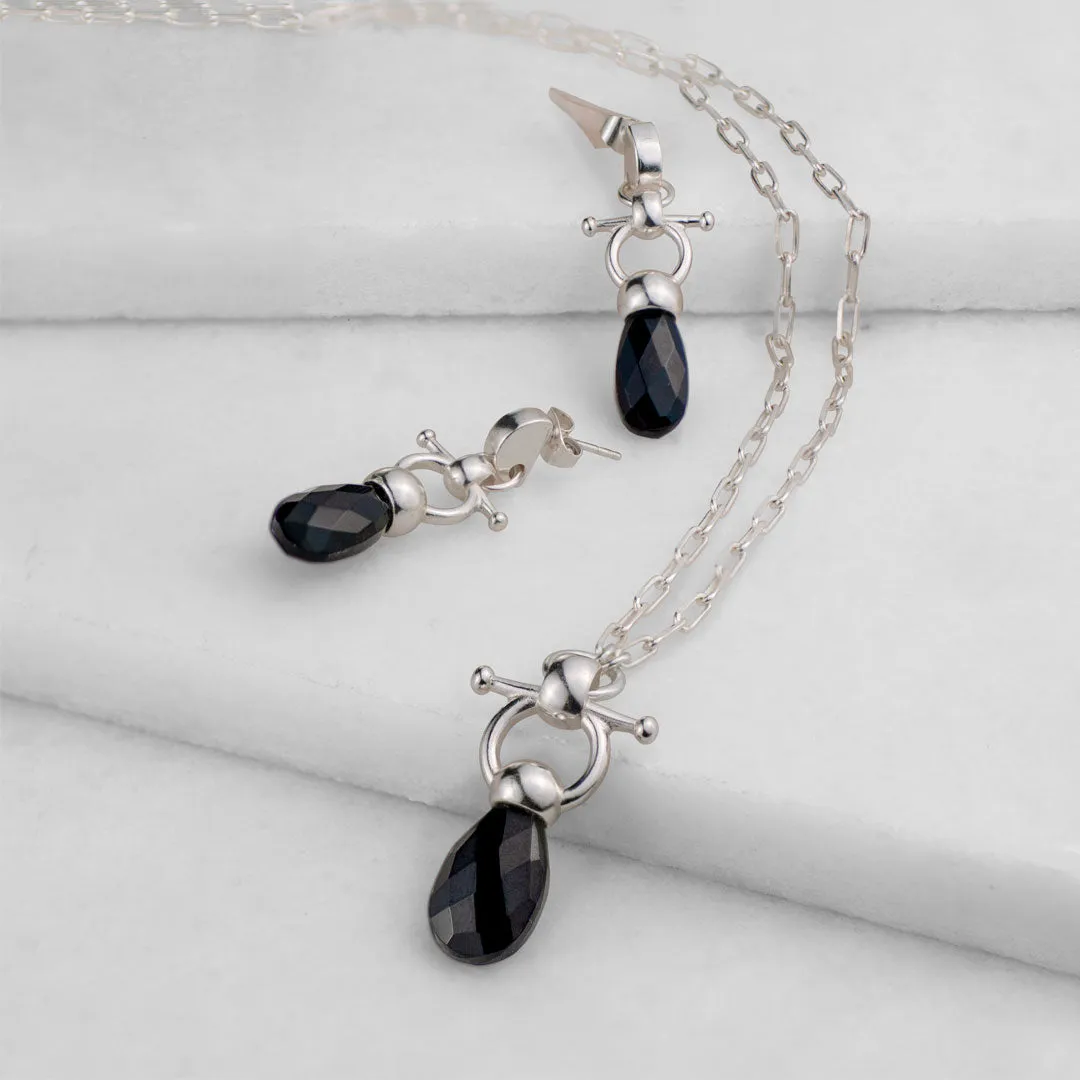 Droplette - Snaffle Bit Black Onyx Stone and Sterling Silver Earring