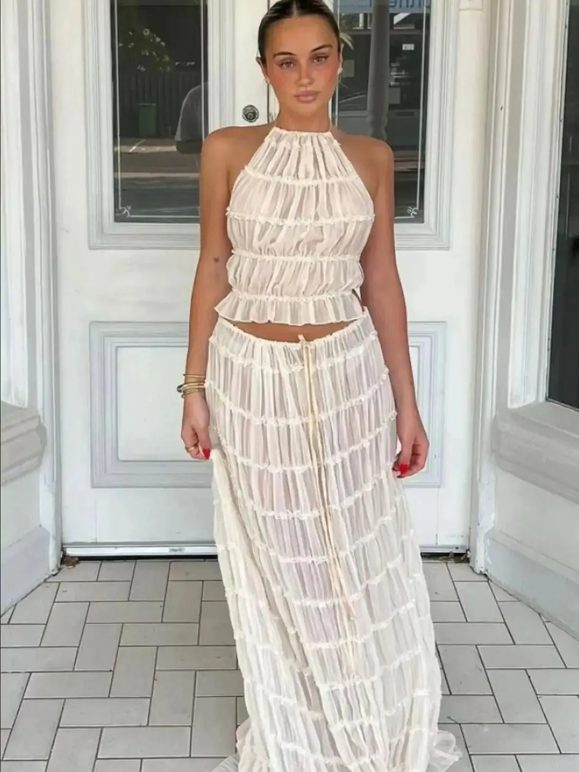 Elegant 2 Piece Set White Halter Pleated Maxi Dress with Tiered Layers and Adjustable Waist Belt & Backless Sling Top Long Skirt Suit