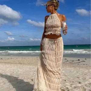 Elegant 2 Piece Set White Halter Pleated Maxi Dress with Tiered Layers and Adjustable Waist Belt & Backless Sling Top Long Skirt Suit