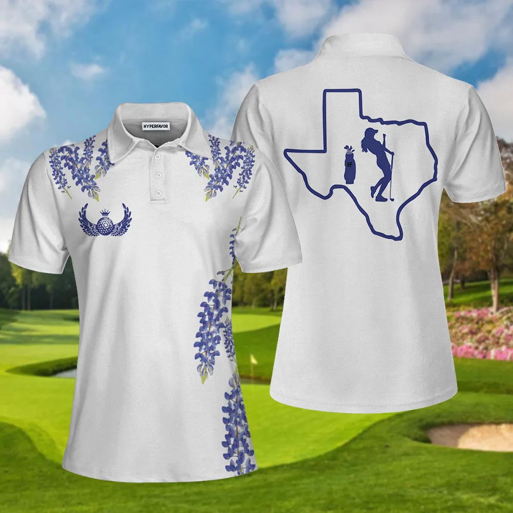 Elegant Bluebonnet Flower For Texas Golfer Short Sleeve Women Polo Shirt, White Texas Golf Shirt For Ladies