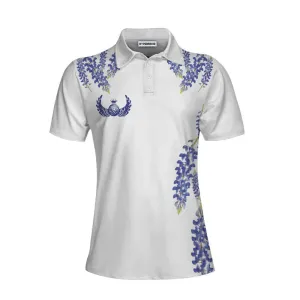 Elegant Bluebonnet Flower For Texas Golfer Short Sleeve Women Polo Shirt, White Texas Golf Shirt For Ladies