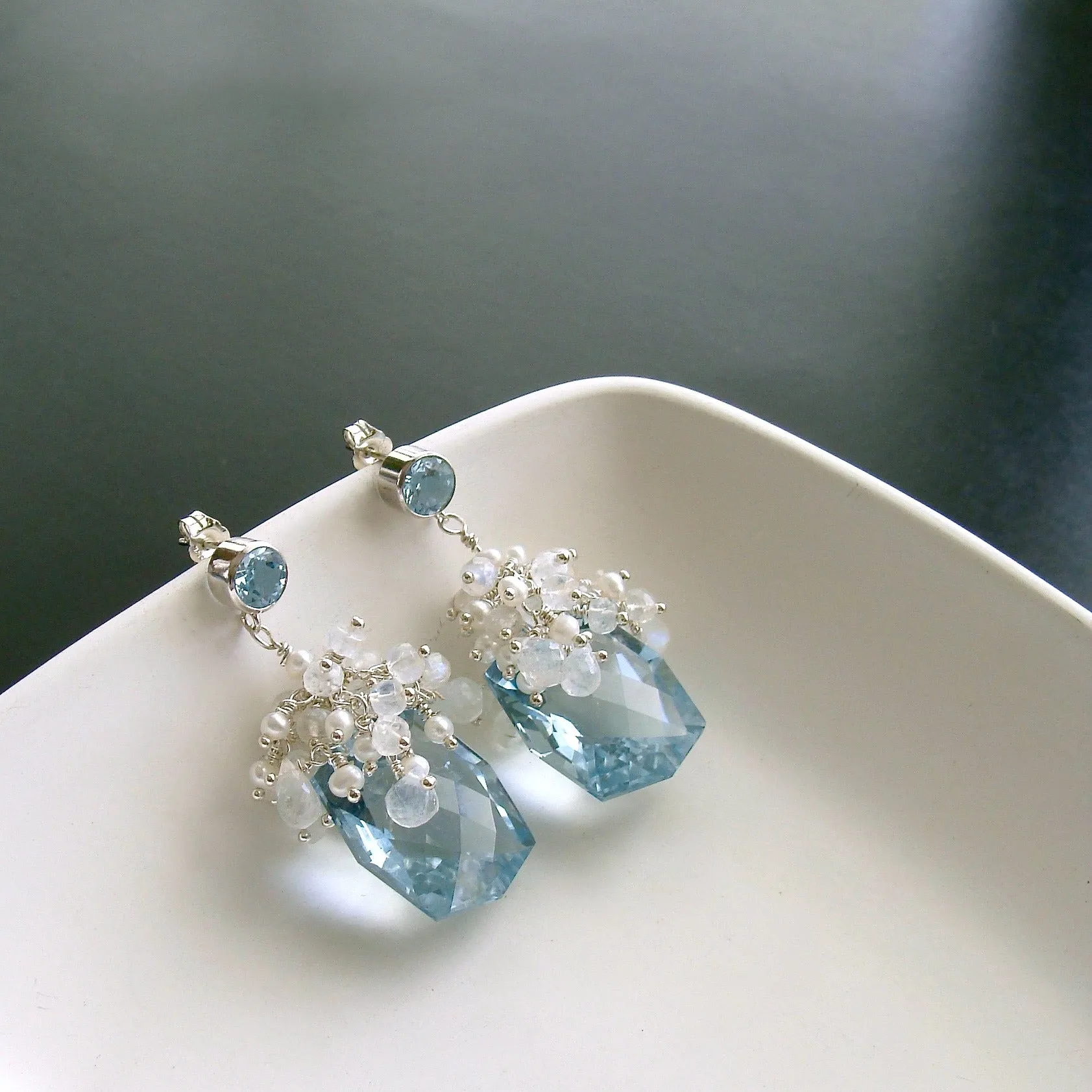 Fancy Cut Blue Topaz Seed Pearl Moonstone Cluster Earrings - Diana IV Earrings