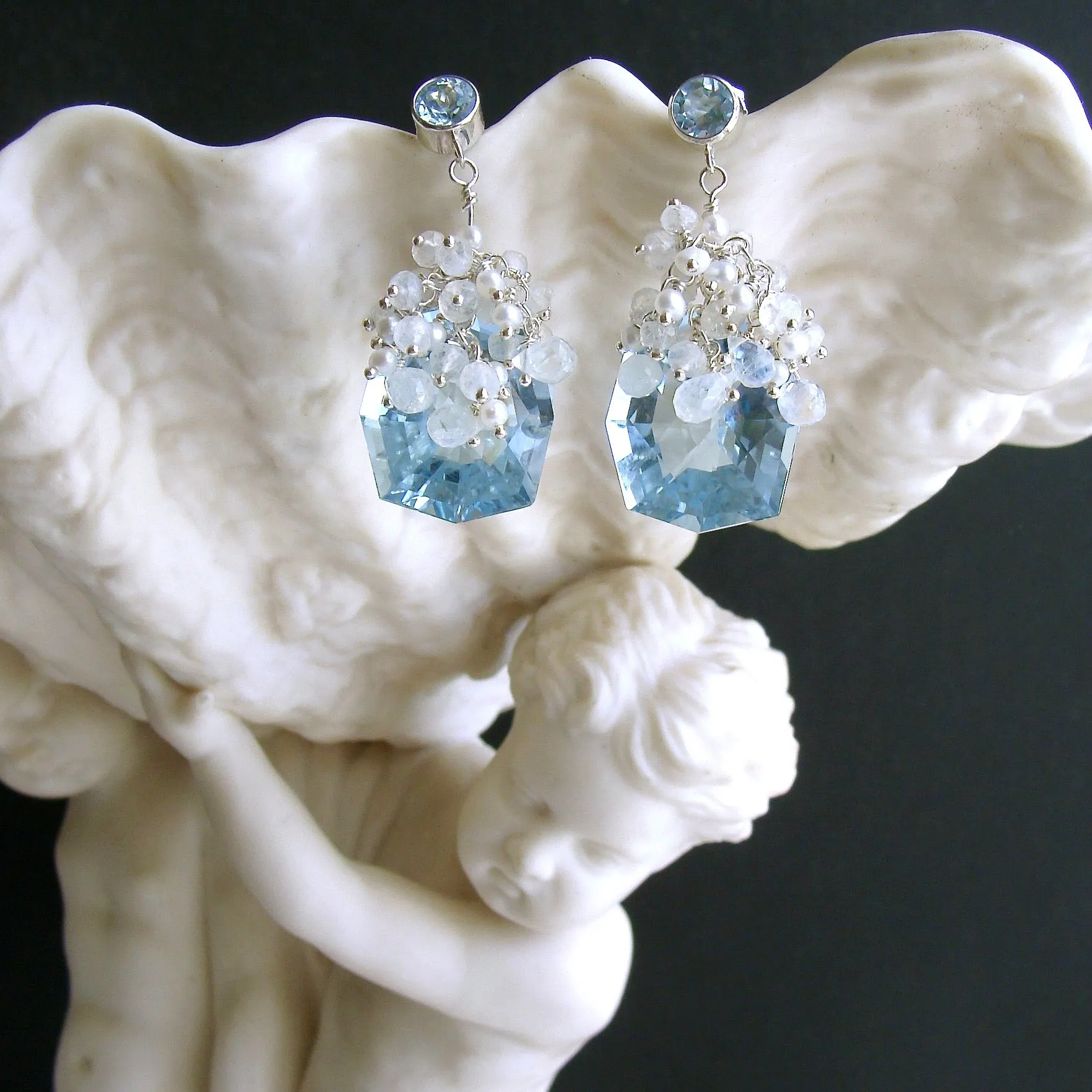 Fancy Cut Blue Topaz Seed Pearl Moonstone Cluster Earrings - Diana IV Earrings