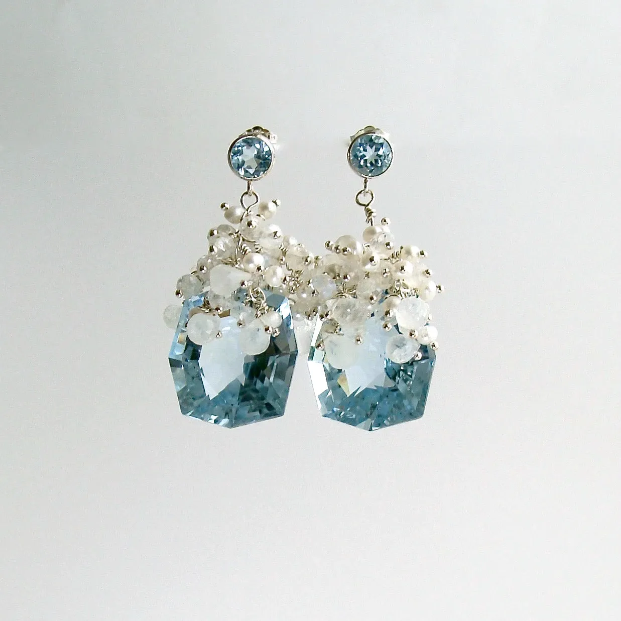 Fancy Cut Blue Topaz Seed Pearl Moonstone Cluster Earrings - Diana IV Earrings