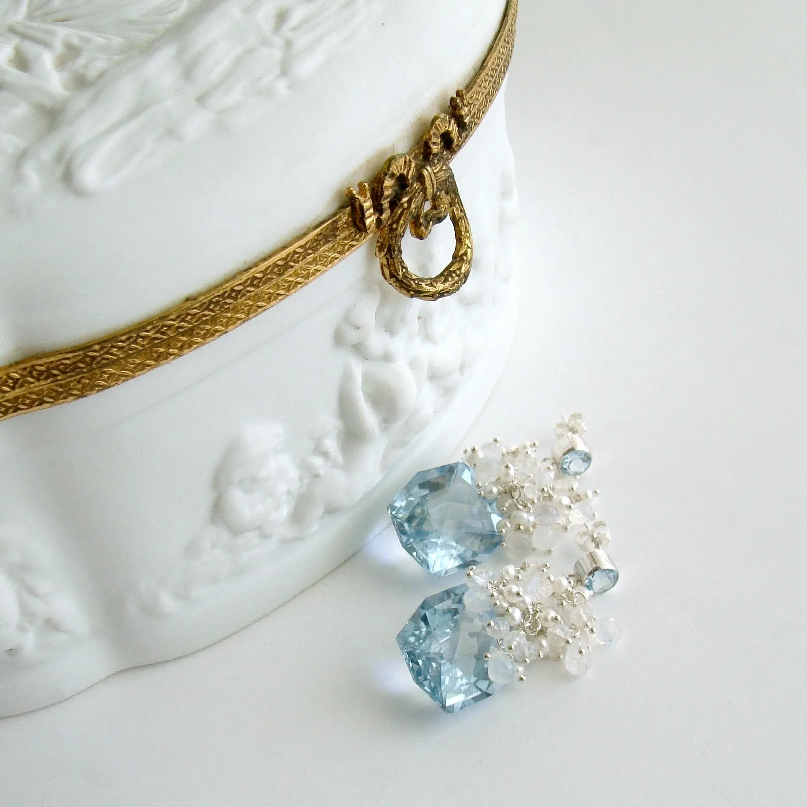 Fancy Cut Blue Topaz Seed Pearl Moonstone Cluster Earrings - Diana IV Earrings