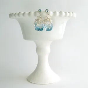 Fancy Cut Blue Topaz Seed Pearl Moonstone Cluster Earrings - Diana IV Earrings