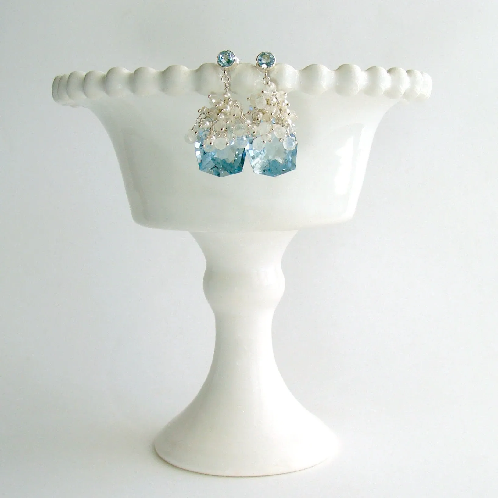 Fancy Cut Blue Topaz Seed Pearl Moonstone Cluster Earrings - Diana IV Earrings