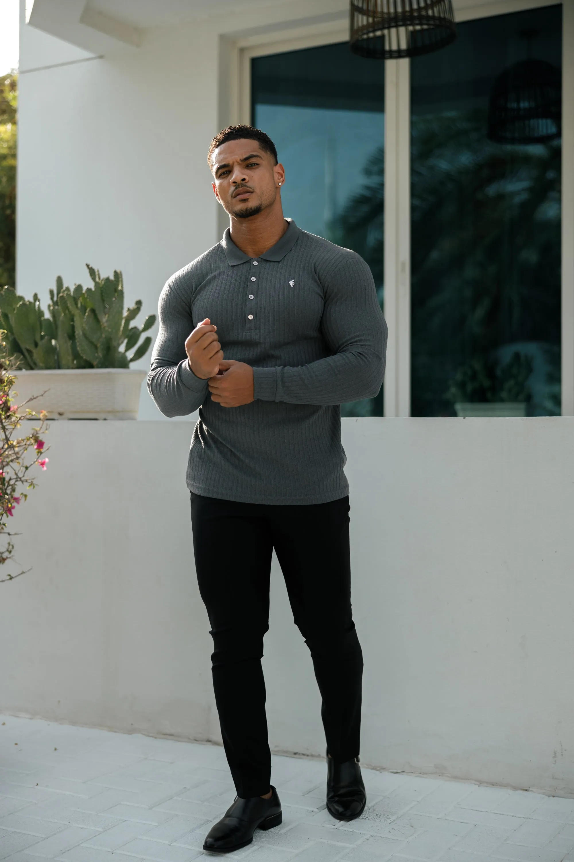 Father Sons Classic Charcoal Ribbed Polo Shirt Long Sleeve With Silver Decal - FSH971