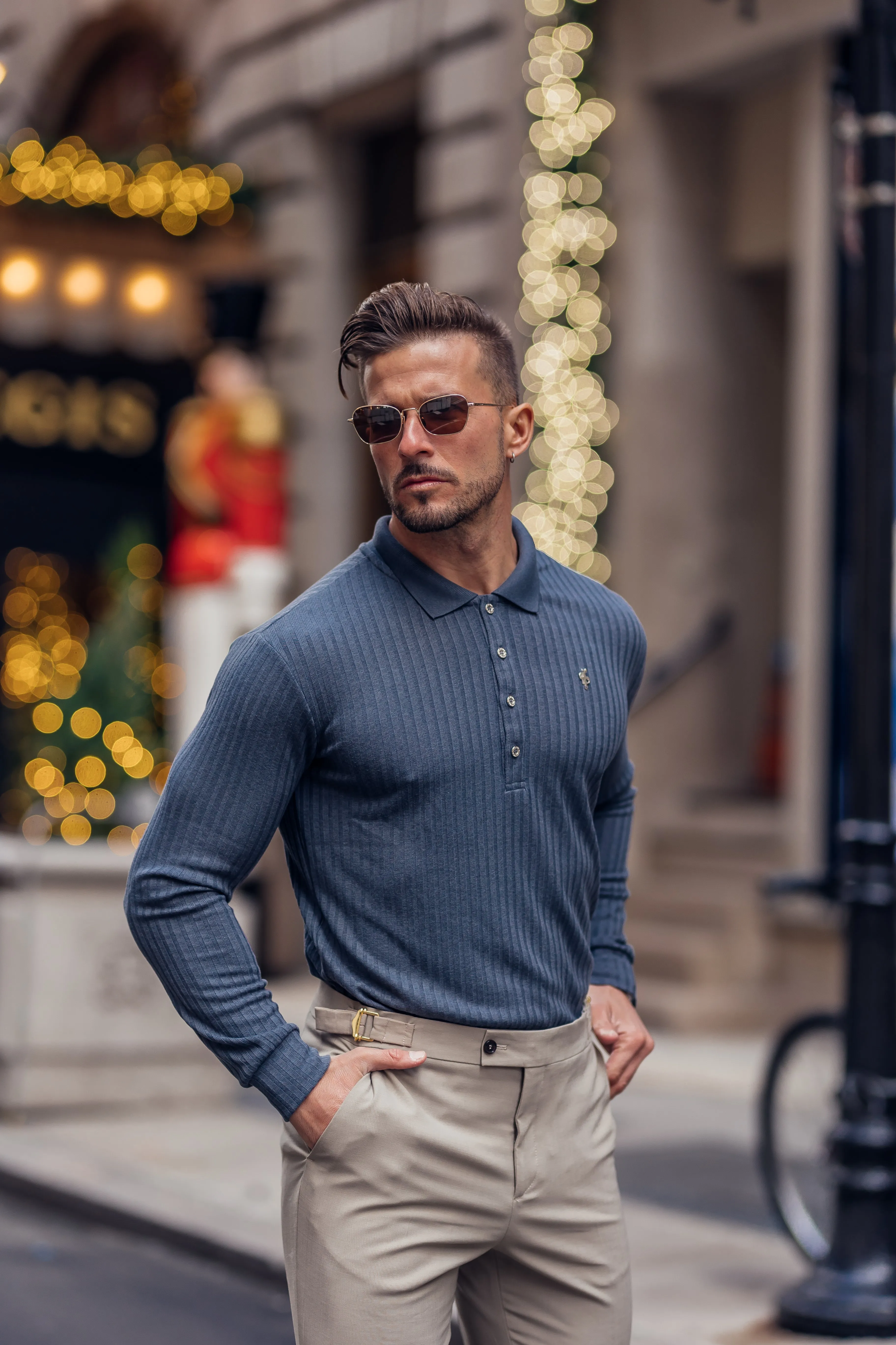 Father Sons Classic Charcoal Ribbed Polo Shirt Long Sleeve With Silver Decal - FSH971