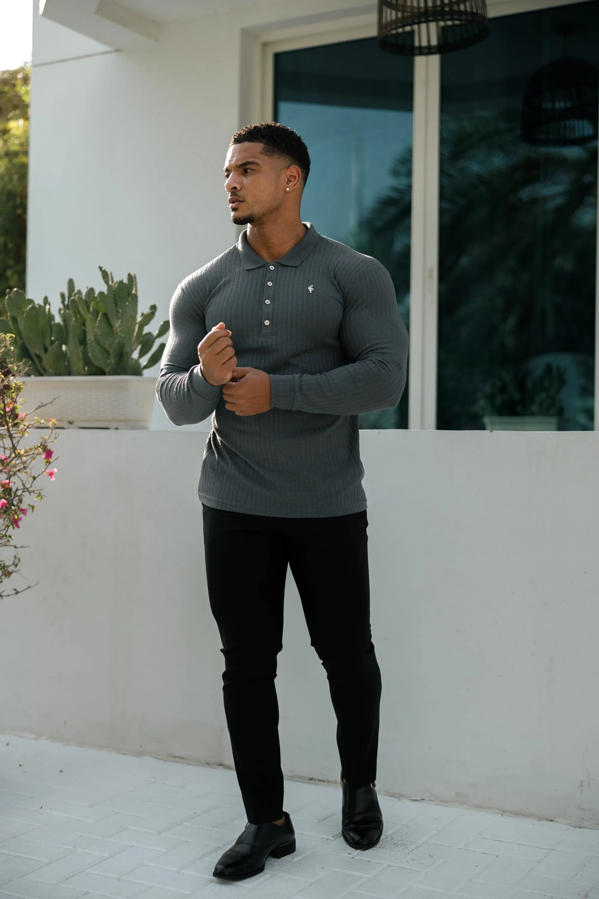 Father Sons Classic Charcoal Ribbed Polo Shirt Long Sleeve With Silver Decal - FSH971
