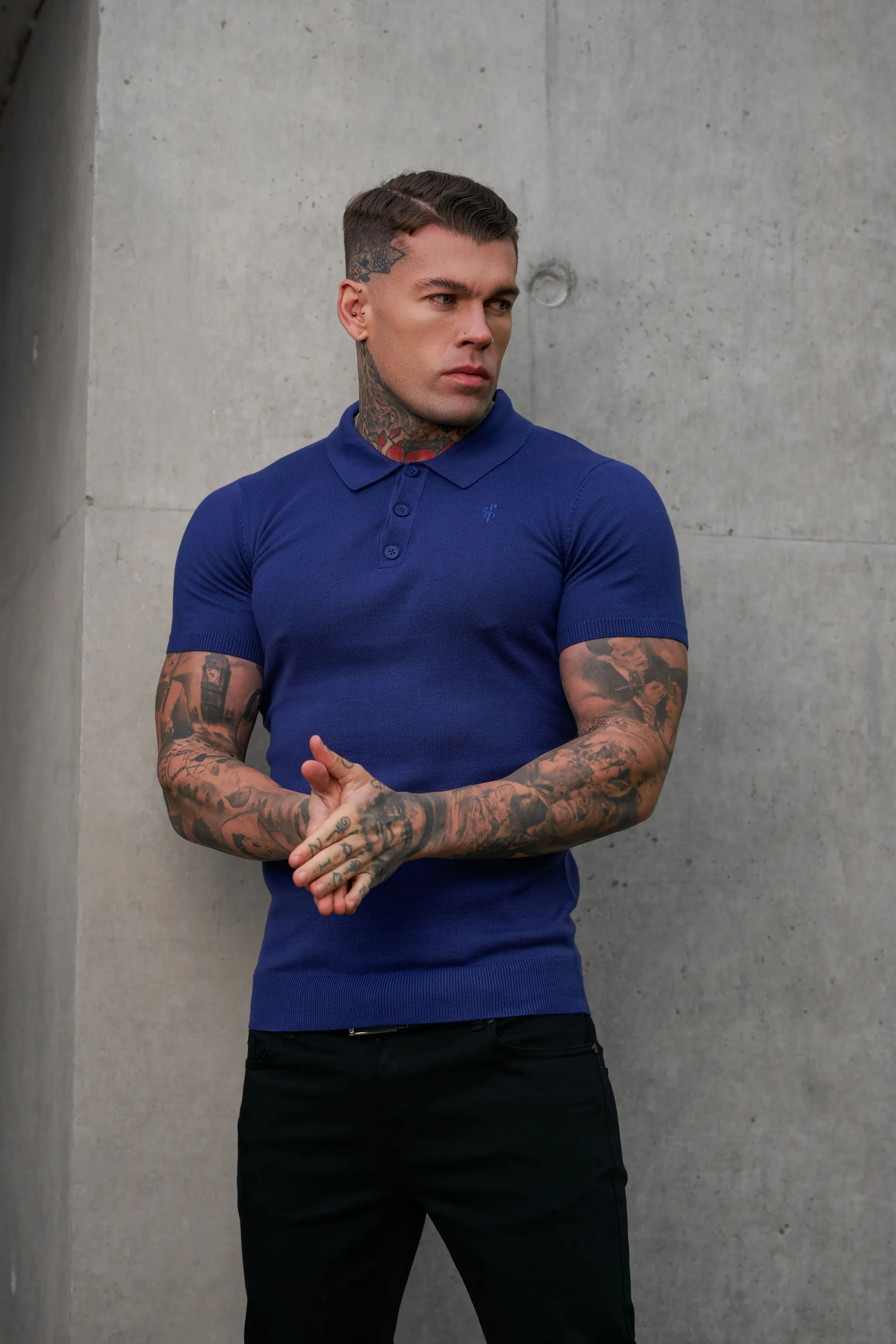 Father Sons Classic Ocean Blue Knitted Polo Jumper Short Sleeve With Tonal FS Embroidery- FSN144