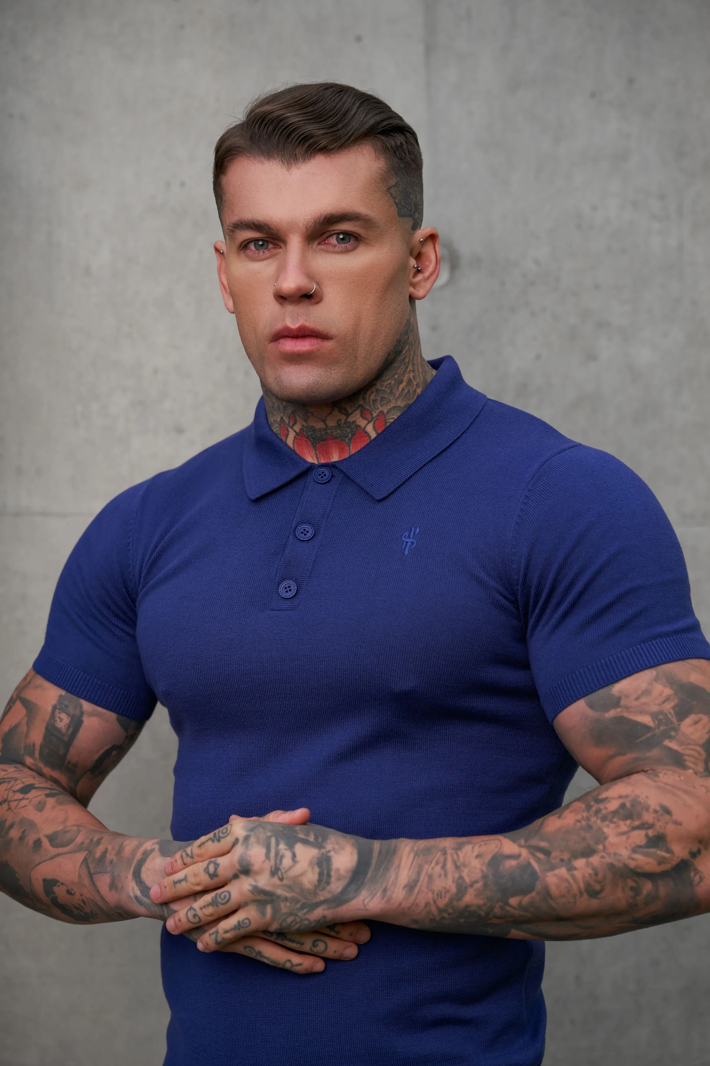 Father Sons Classic Ocean Blue Knitted Polo Jumper Short Sleeve With Tonal FS Embroidery- FSN144