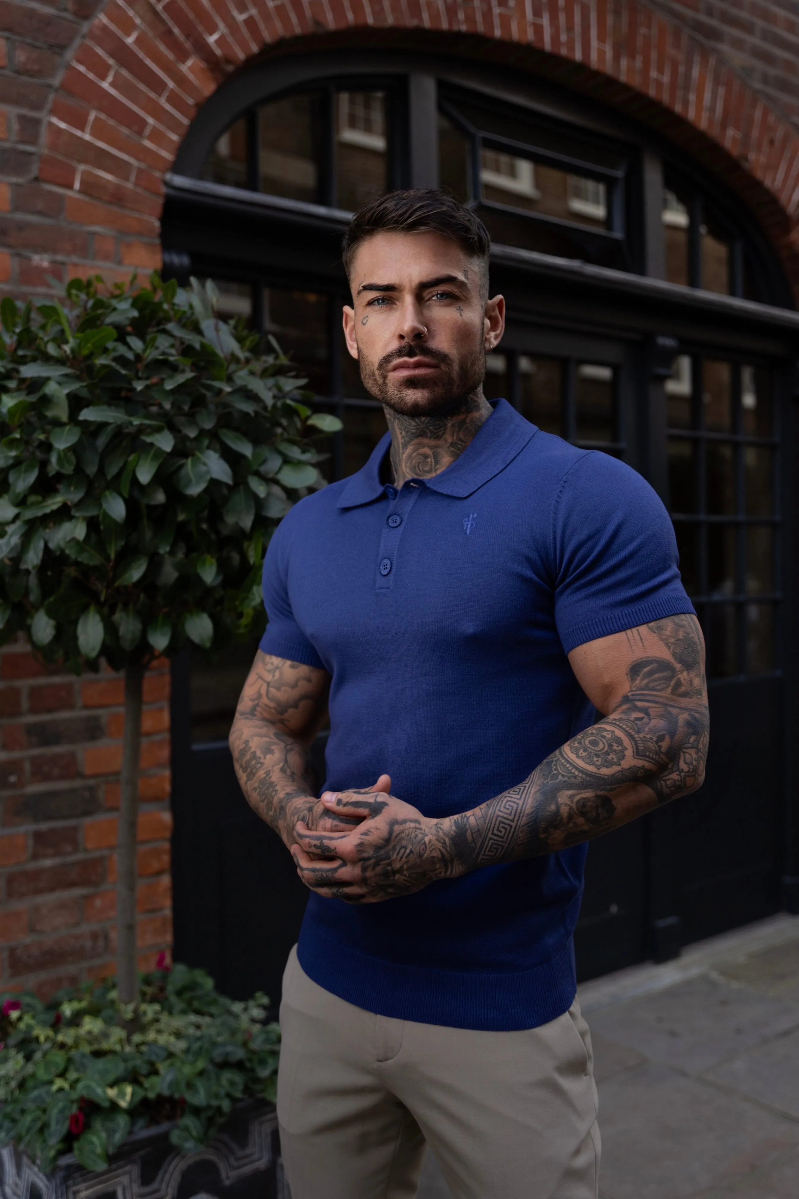 Father Sons Classic Ocean Blue Knitted Polo Jumper Short Sleeve With Tonal FS Embroidery- FSN144