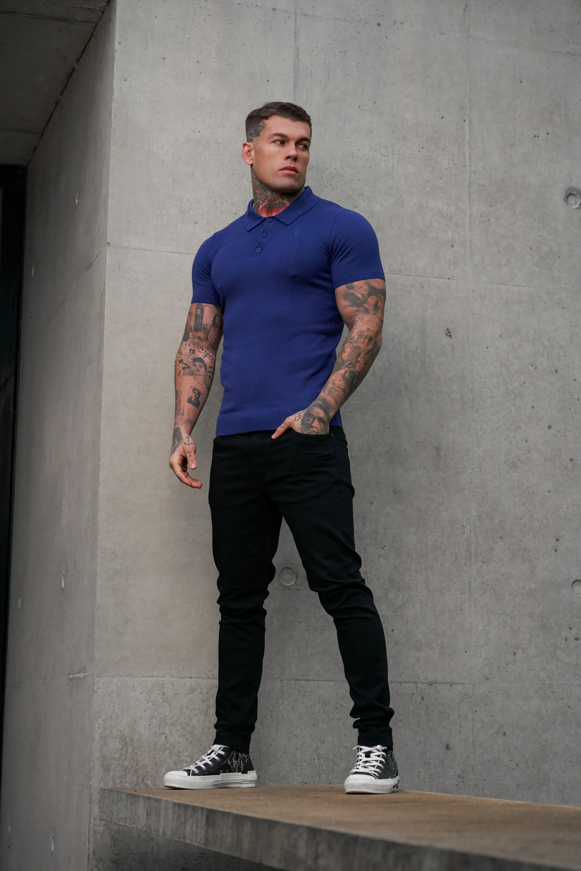 Father Sons Classic Ocean Blue Knitted Polo Jumper Short Sleeve With Tonal FS Embroidery- FSN144