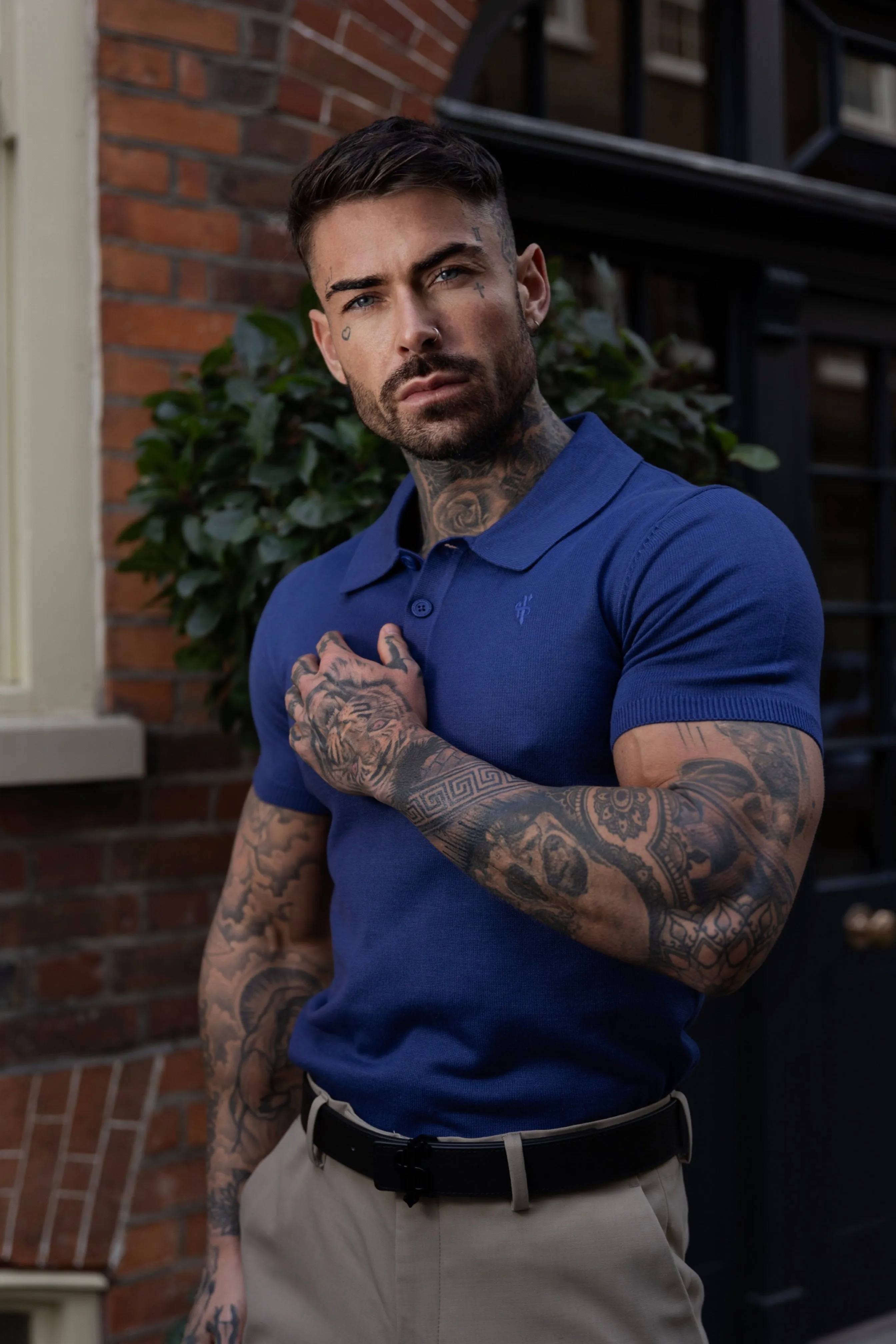 Father Sons Classic Ocean Blue Knitted Polo Jumper Short Sleeve With Tonal FS Embroidery- FSN144