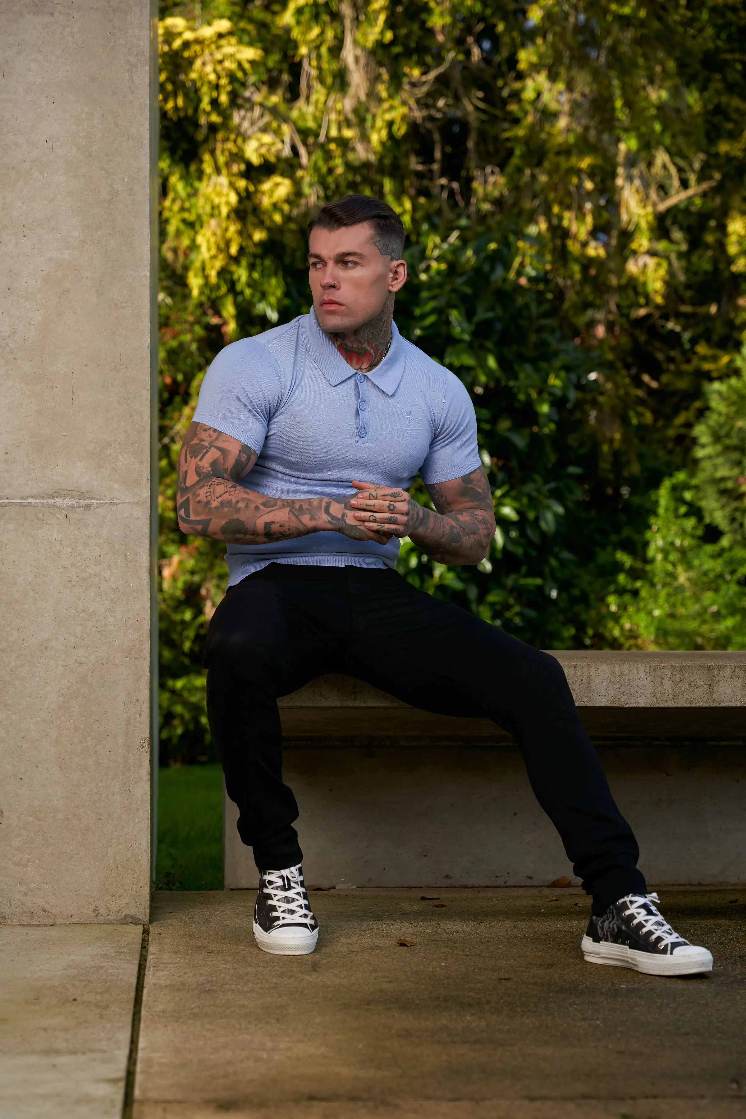 Father Sons Classic Pale Blue Knitted Polo Jumper Short Sleeve With Tonal FS Embroidery- FSN146