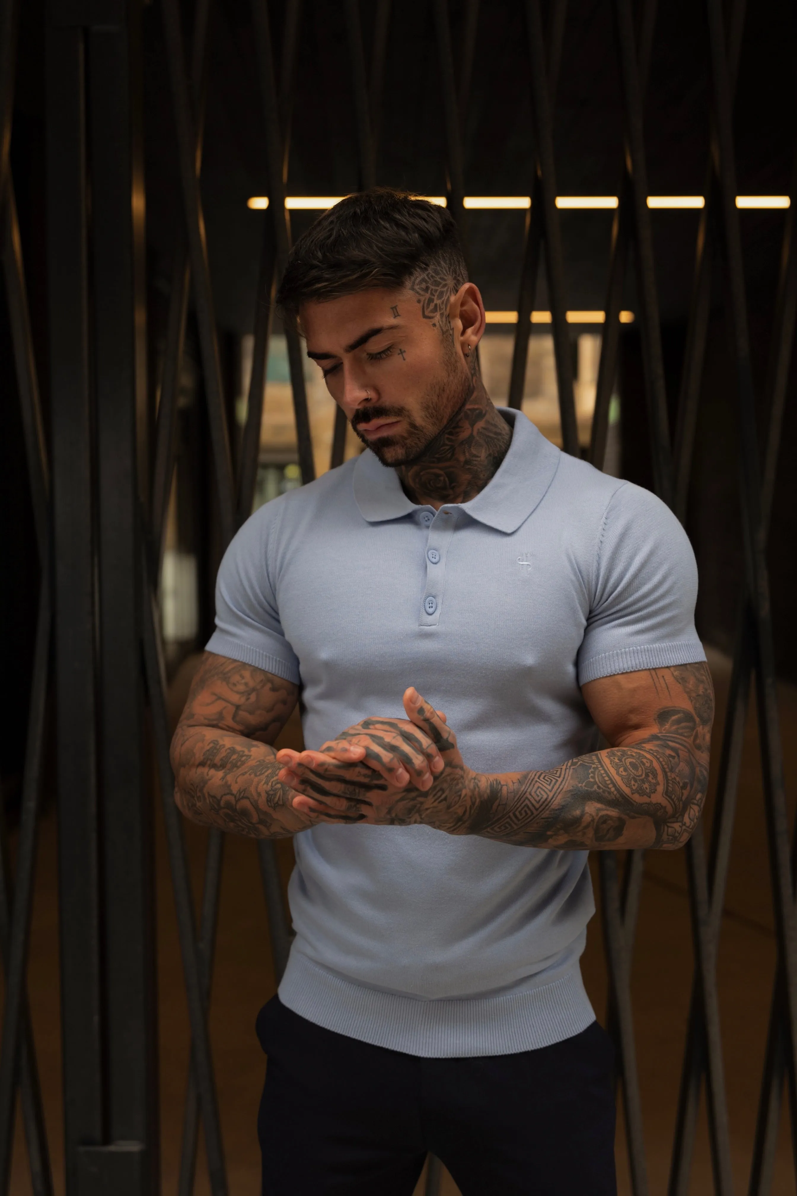 Father Sons Classic Pale Blue Knitted Polo Jumper Short Sleeve With Tonal FS Embroidery- FSN146