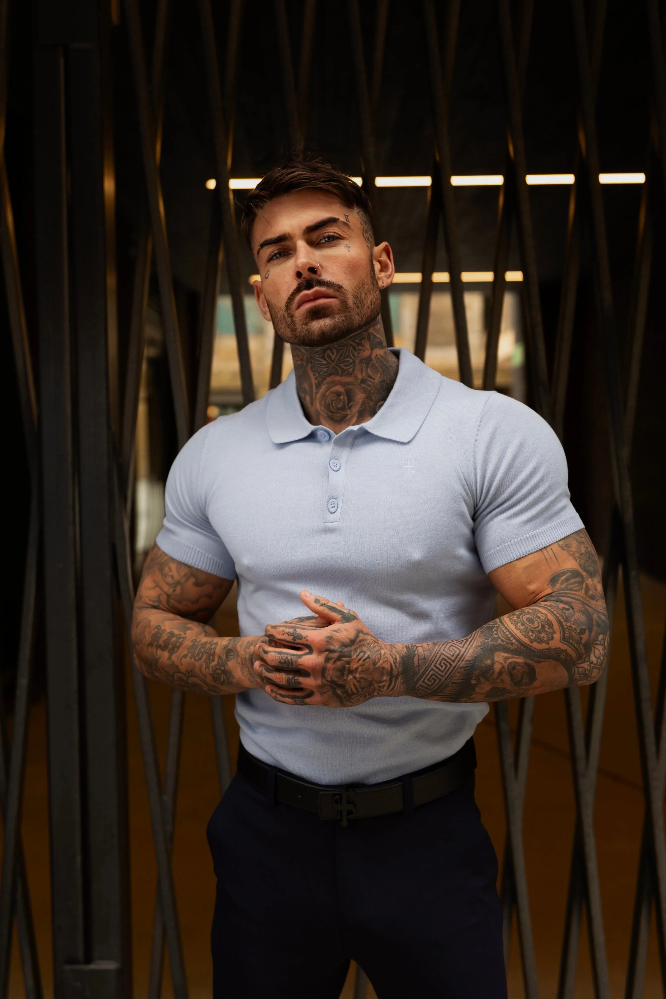 Father Sons Classic Pale Blue Knitted Polo Jumper Short Sleeve With Tonal FS Embroidery- FSN146