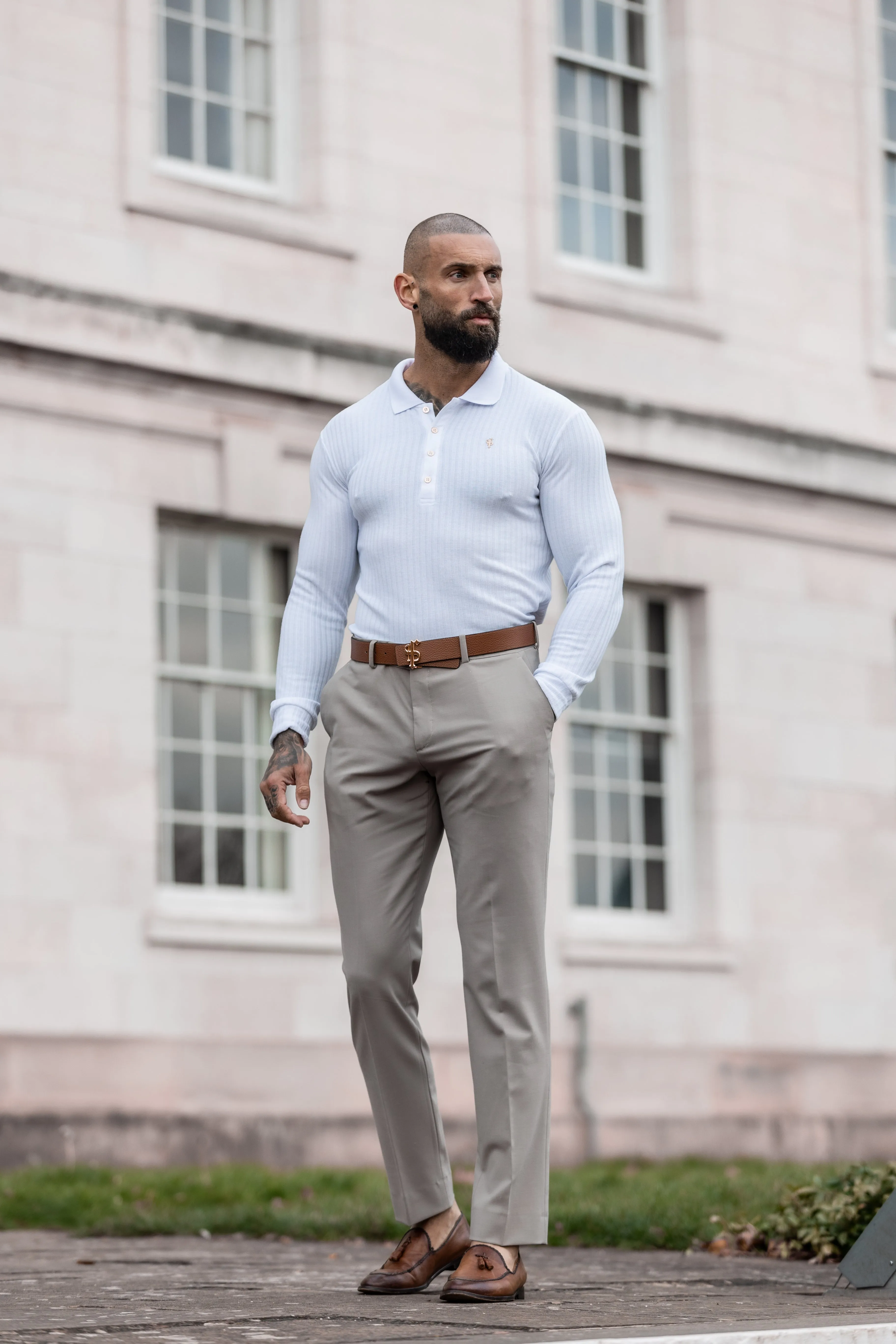 Father Sons Classic White Ribbed Polo Shirt Long Sleeve With Gold Decal - FSH975