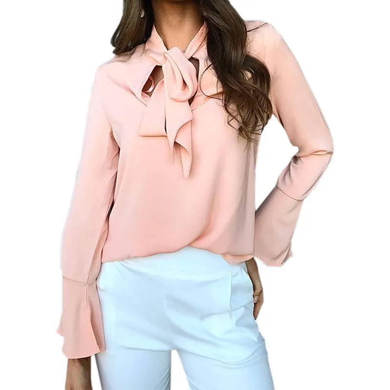 Female Autumn Blouse 2018 Women Flare Long Sleeve Bowknot Fashion Shirts Loose Casual Tops Office Shirt Blusa Work Blouses GV846