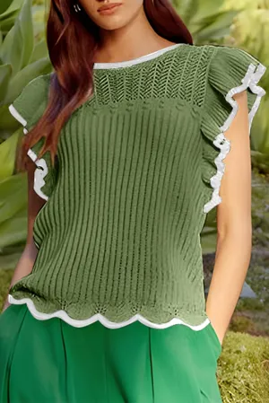 Fern Green Crochet Eyelet Flounce Tank Top