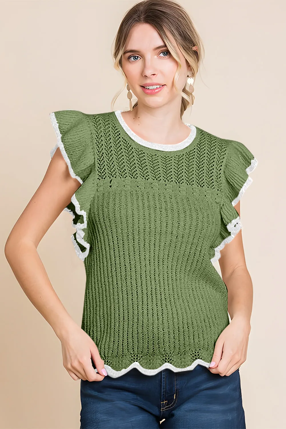 Fern Green Crochet Eyelet Flounce Tank Top