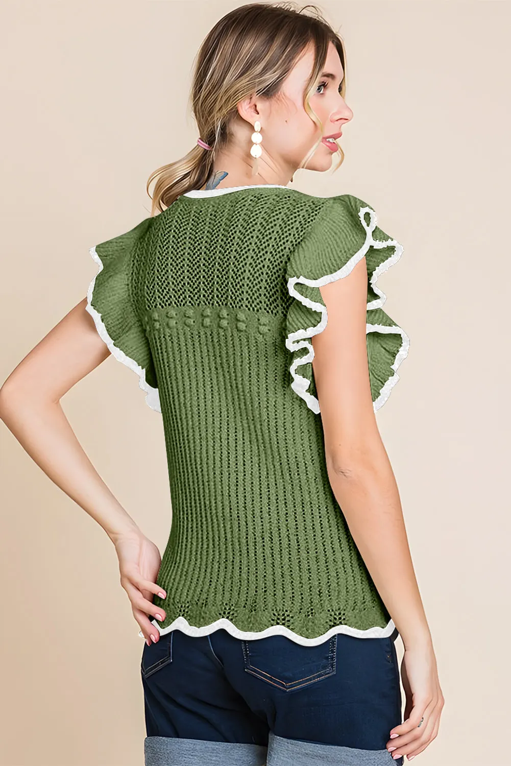 Fern Green Crochet Eyelet Flounce Tank Top