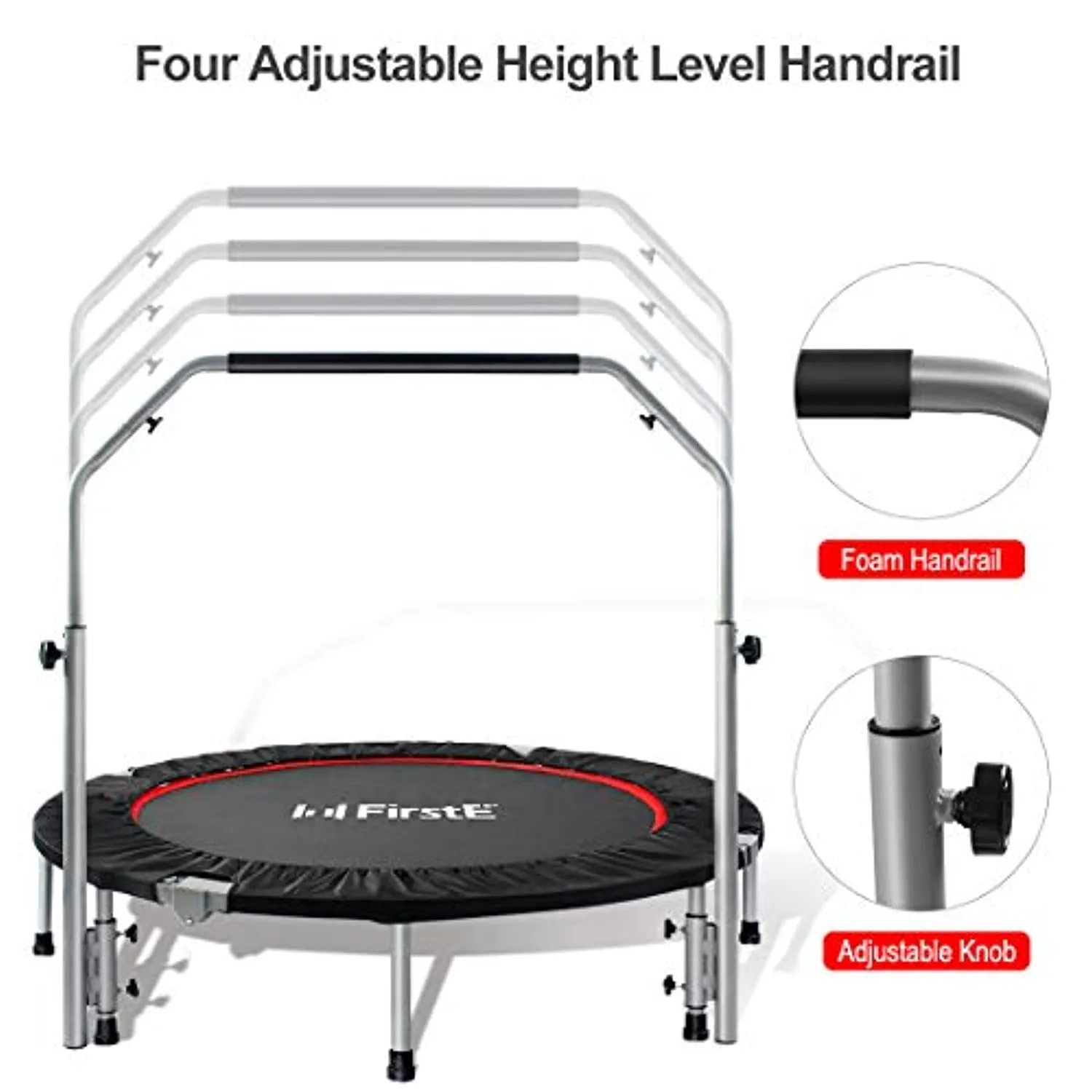 FirstE 48" Foldable Fitness Trampolines with 4 Level Adjustable Heights Foam Handrail,Jump Trampoline for Kids and Adults Indoor&Outdoor, Max Load 440lbs