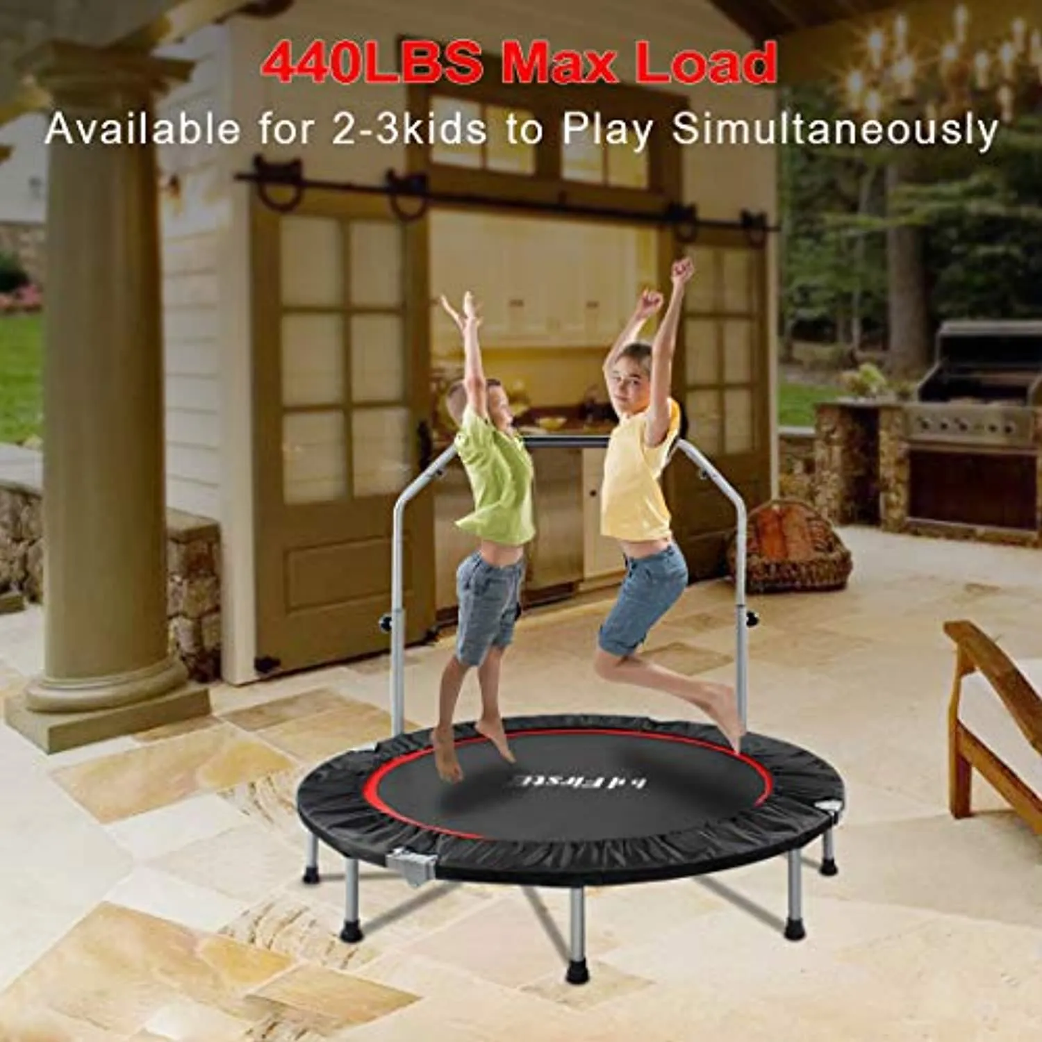 FirstE 48" Foldable Fitness Trampolines with 4 Level Adjustable Heights Foam Handrail,Jump Trampoline for Kids and Adults Indoor&Outdoor, Max Load 440lbs