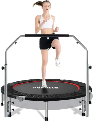 FirstE 48" Foldable Fitness Trampolines with 4 Level Adjustable Heights Foam Handrail,Jump Trampoline for Kids and Adults Indoor&Outdoor, Max Load 440lbs