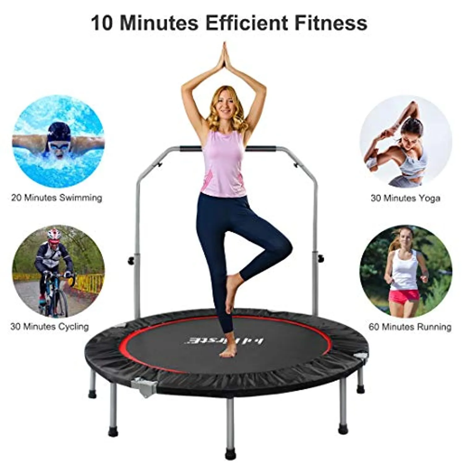 FirstE 48" Foldable Fitness Trampolines with 4 Level Adjustable Heights Foam Handrail,Jump Trampoline for Kids and Adults Indoor&Outdoor, Max Load 440lbs