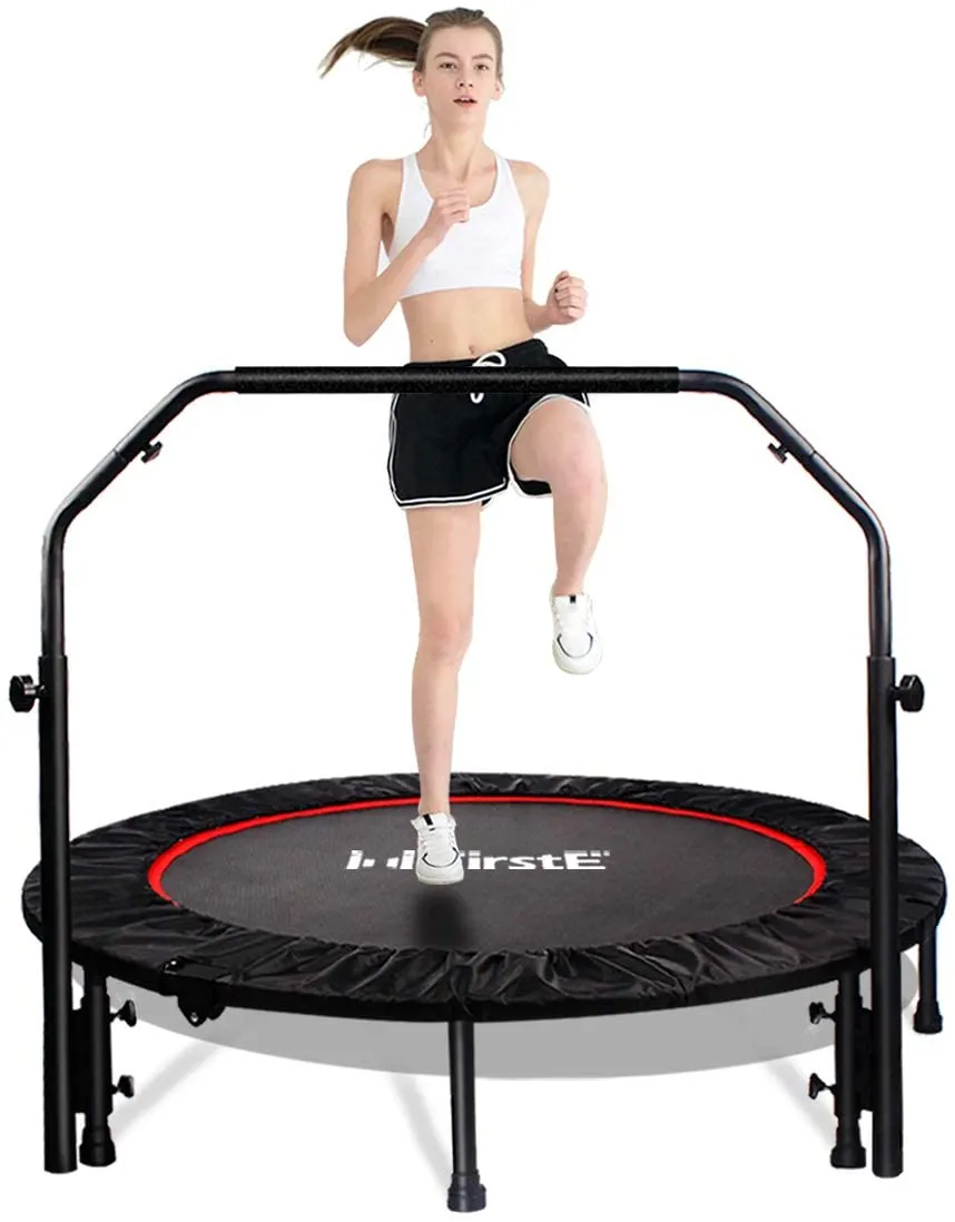 FirstE 48" Foldable Fitness Trampolines with 4 Level Adjustable Heights Foam Handrail,Jump Trampoline for Kids and Adults Indoor&Outdoor, Max Load 440lbs