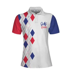 Golf Diva V2 Short Sleeve Women Polo Shirt, Red And Blue Argyle Pattern Golf Shirt For Golf Ladies