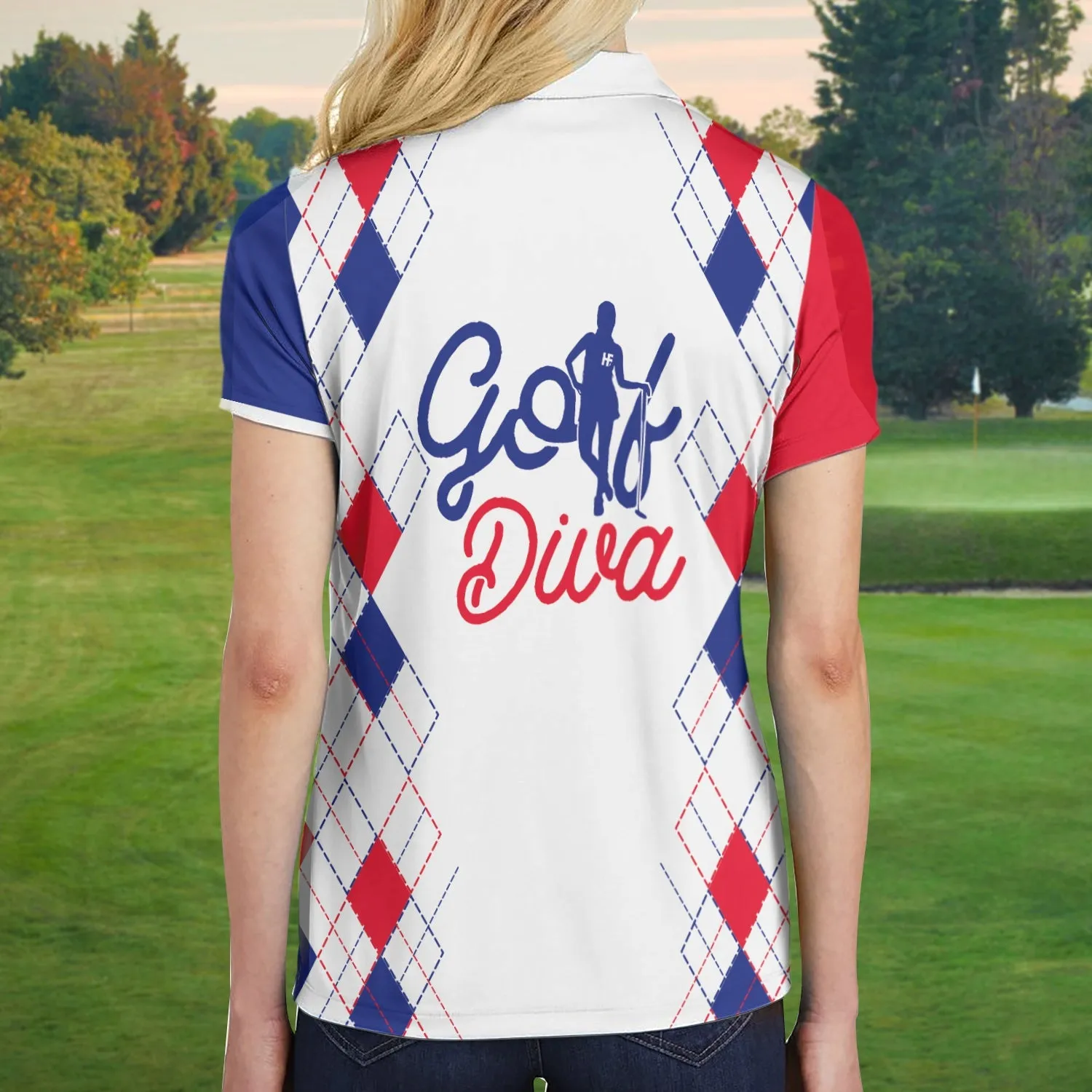 Golf Diva V2 Short Sleeve Women Polo Shirt, Red And Blue Argyle Pattern Golf Shirt For Golf Ladies