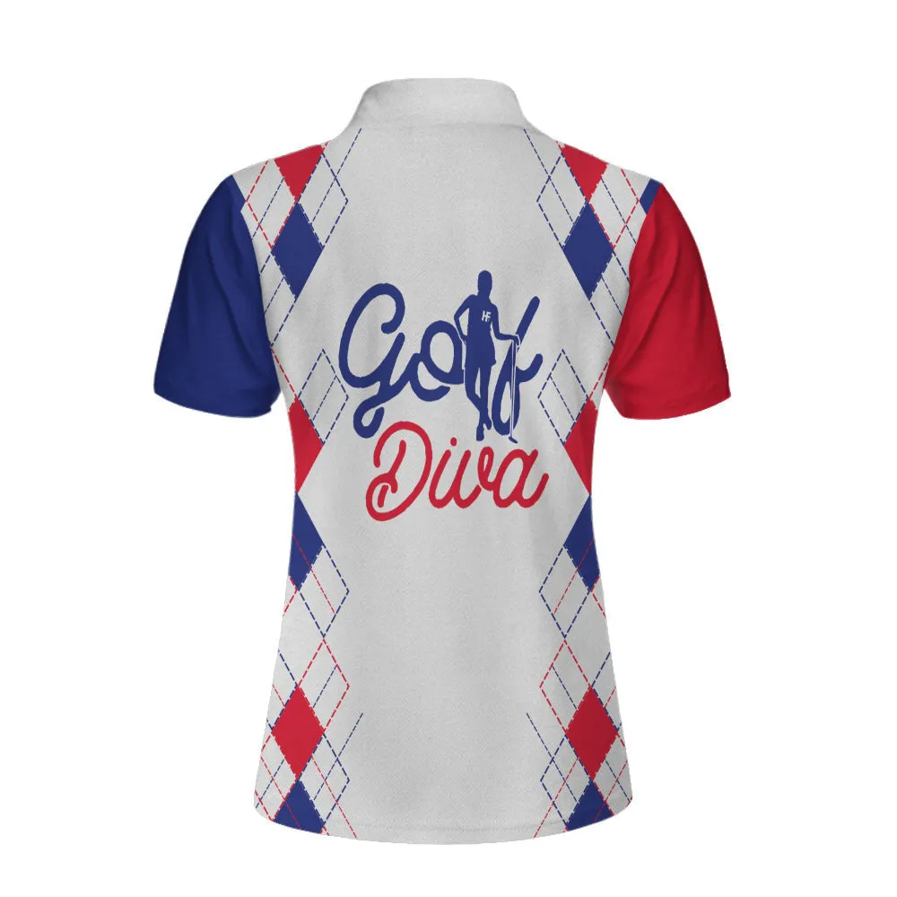 Golf Diva V2 Short Sleeve Women Polo Shirt, Red And Blue Argyle Pattern Golf Shirt For Golf Ladies