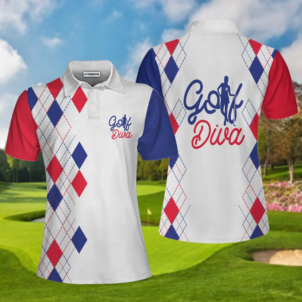Golf Diva V2 Short Sleeve Women Polo Shirt, Red And Blue Argyle Pattern Golf Shirt For Golf Ladies