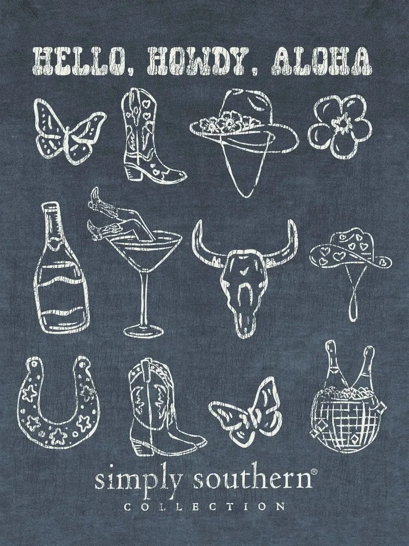 'Hello, Howdy, Aloha' Mineral Wash Short Sleeve Tee by Simply Southern (Ships Mid-March)